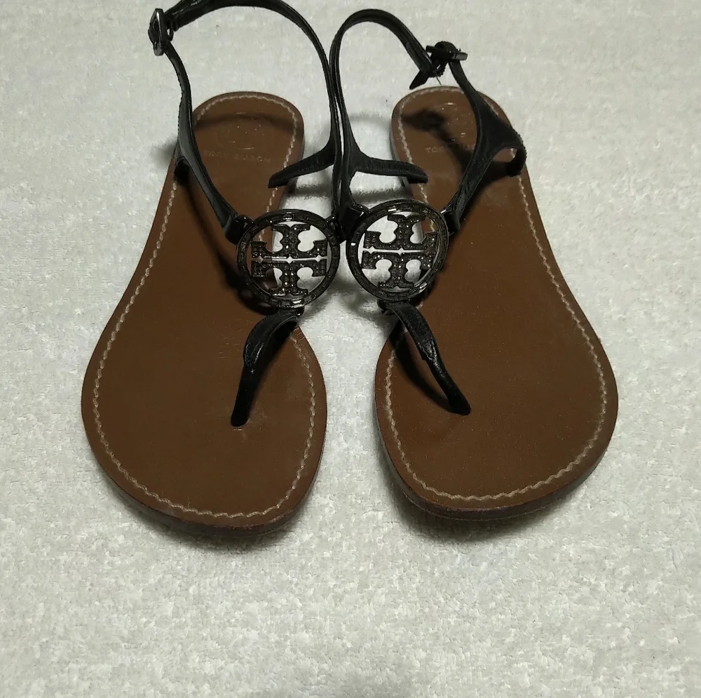 Tory Burch Black Leather Sandals with Signature Medallion